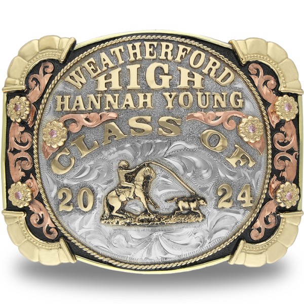 A custom class belt buckle for Weatherford High School with personalized name featuring a team roping figure 